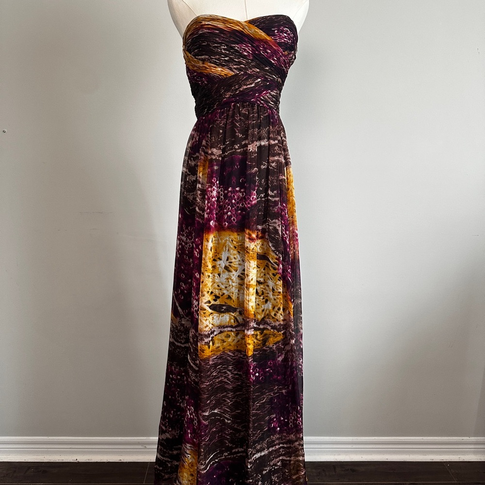 Elegant Purple and Gold Flowy Strapless Maxi Gown